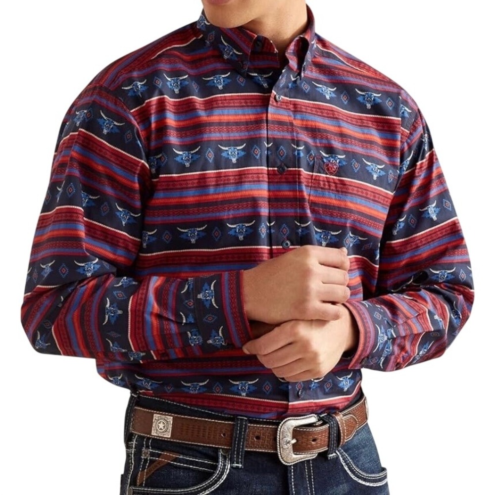 Ariat Mens Pike Classic Western Button Down Shirt Steer Skull Stripe Navy Red L